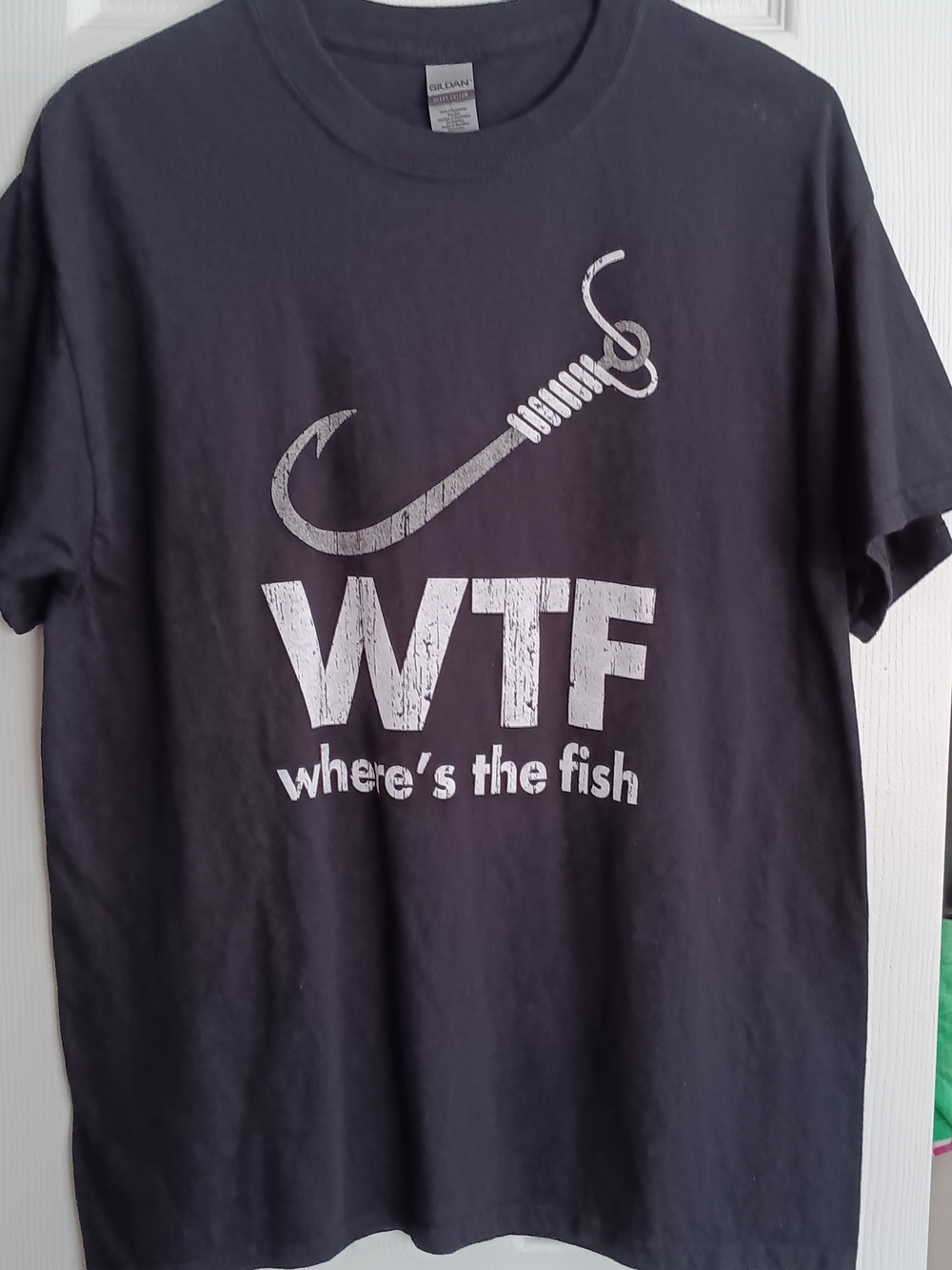 Gildan Black T-Shirt with White Fishing Hook & WTF Text
